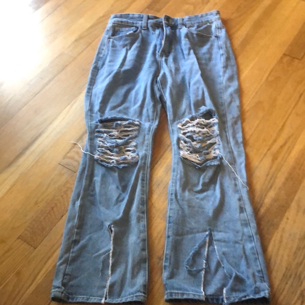 Faded blue jeans.